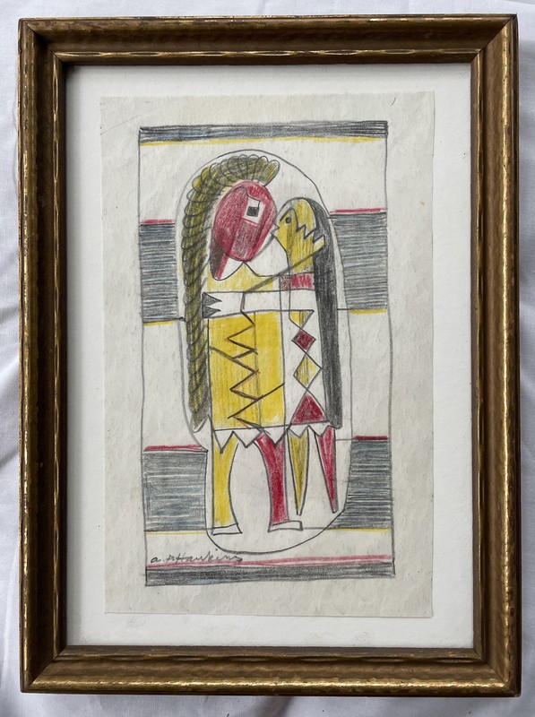 Signed A P Hankins Abraham P. Hankins Modernist Colorful Indian Crayon Drawling