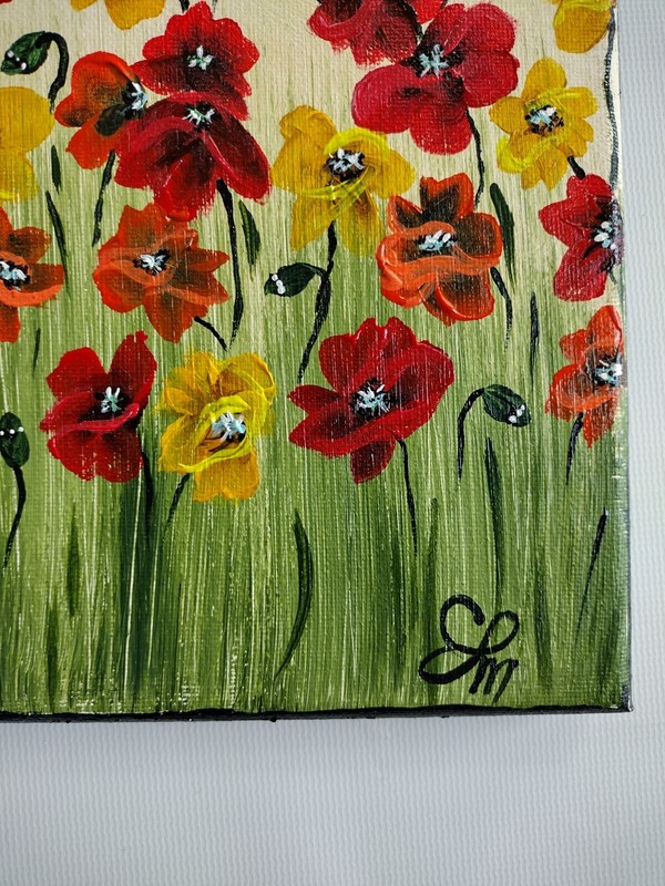 ORIGINAL "Poppies" PAINTING Flowers in Field 9"x12" Red Orange Yellow, Signed gallery