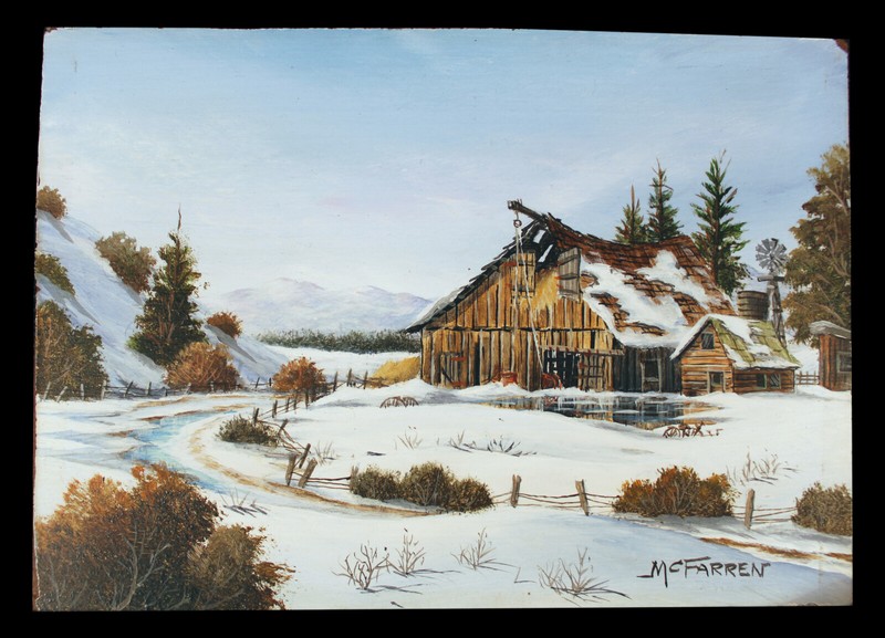 VINTAGE LANDSCAPE PAINTING ROBERT MCFARREN BARN FARM SNOW CALIFORNIA ART LISTED