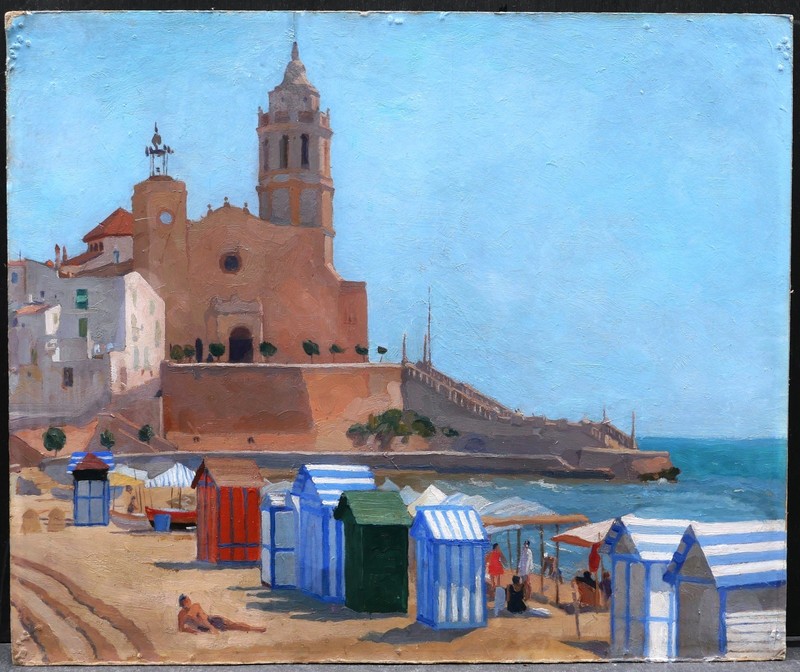 French Oil Painting Framed Landscape Seascape View Sitges Agapito Casas Abarca gallery