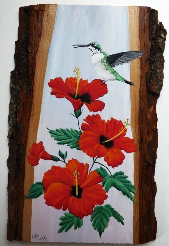 Hand Painted Humming Bird On Hibiscus Flower On Live Edge Basswood By Phyllis