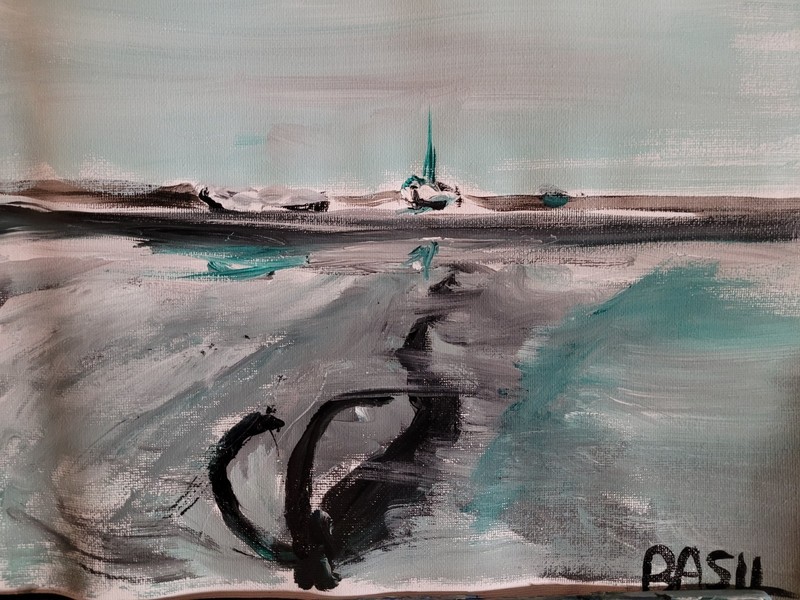 “Icy Harbor with Anchor – Original 9×12 Acrylic Seascape by Bakhshi”