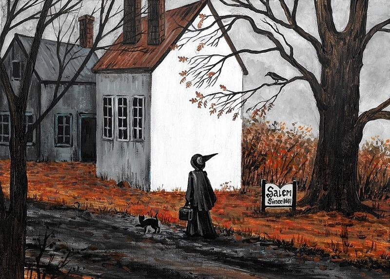 ACEO print of painting RYTA ART SALEM Cat Witch Haunted House Halloween folk 🍁