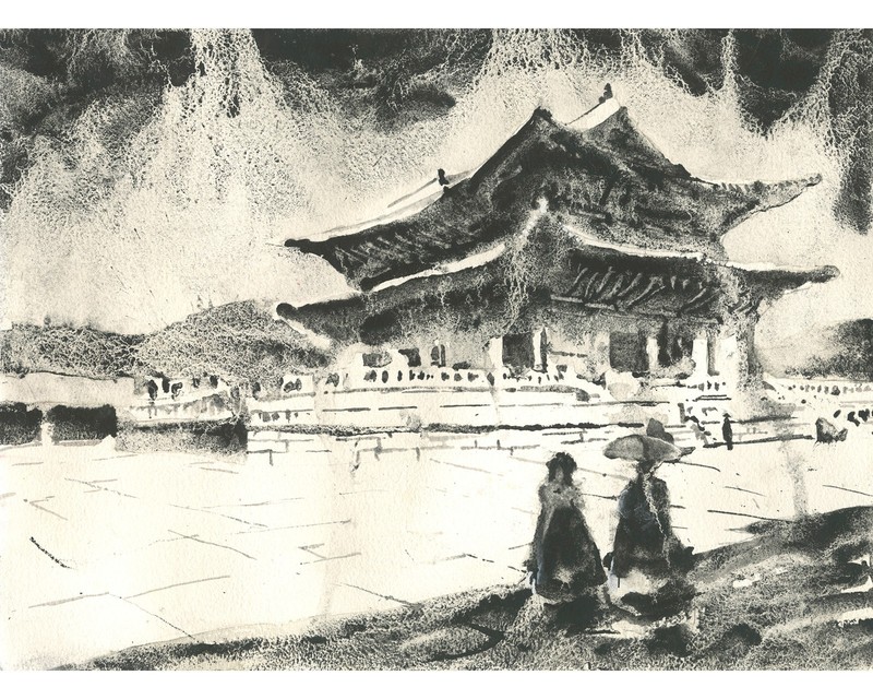 Gyeongbokgung Palace Seoul Korea monochromatic watercolor landscape fine art