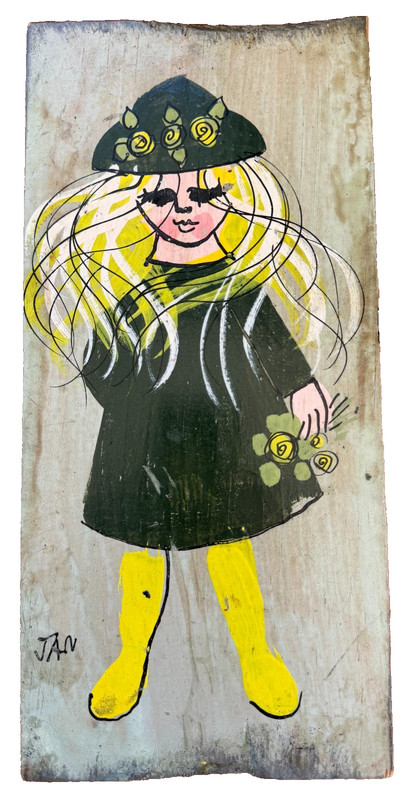 Jan McPherson Hand Painted Reclaimed Wood Panel Girl Green & Yellow Signed 1960s