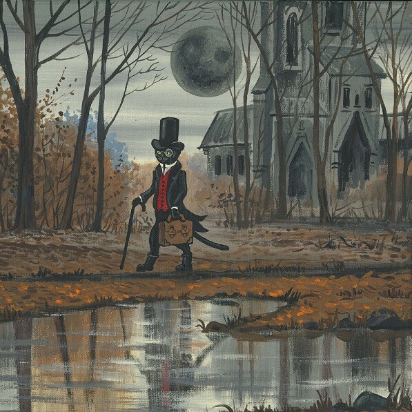4×4 Halloween Black cat Ryta full moon haunted house Print Of Painting Folk Art