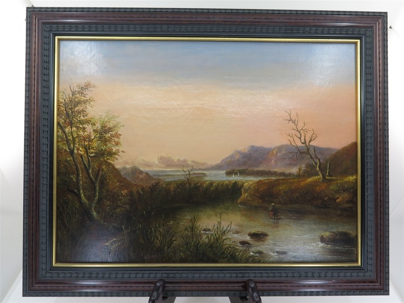 Original Framed Landscape Oil Sunset Hunter / Fisherman Canvas 18-5/8″ 14-1/2″