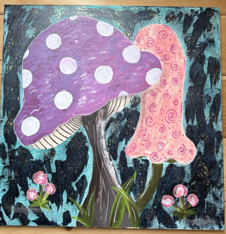 Original Mushroom Painting Canvas 24x24 Colorful Floral Nature Wall Art Acrylic gallery