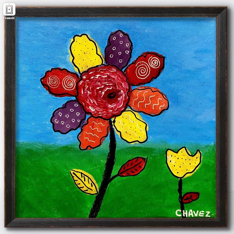 Colorful Wavy Patchwork Petals Flower with Yellow Tulip – 10×10 Canvas Painting