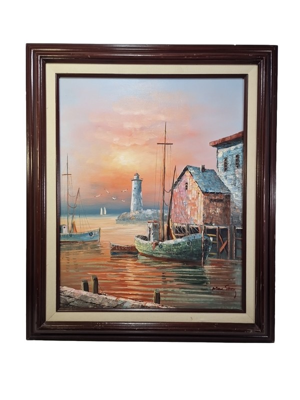 Replica Max Savy Oil Painting Harbor Scene At Sunrise On Canvas, Framed 25″x 21″