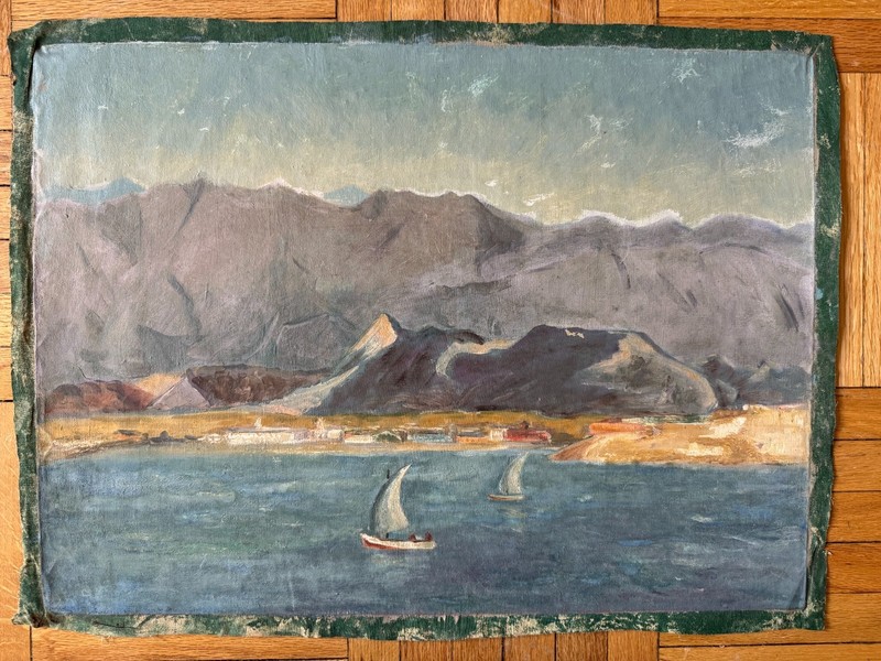 Vintage 1950 Oil of Canvas Landscape Boats Pascasmayo Peru 23×17 Jean Schweckler