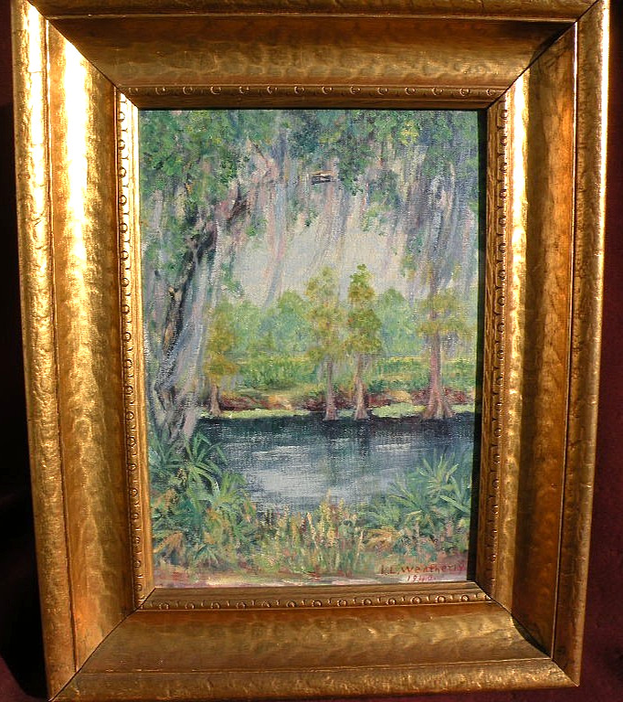 Southern swamp American art 1940 painting Spanish moss landscape by K Weatherly