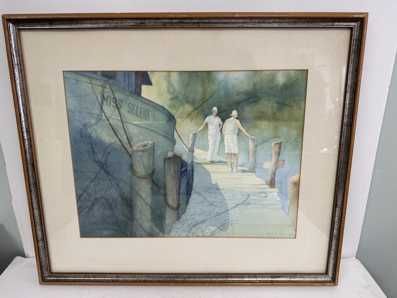 Miss Selena Watercolor – Artist Keith Rose Original Framed Boat Pier 25″ x 21″