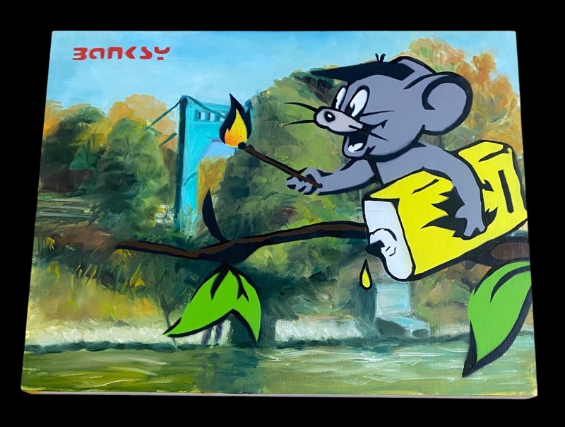 Large Banksy 2015 Rare stencil Painting Dismaland Framed gallery