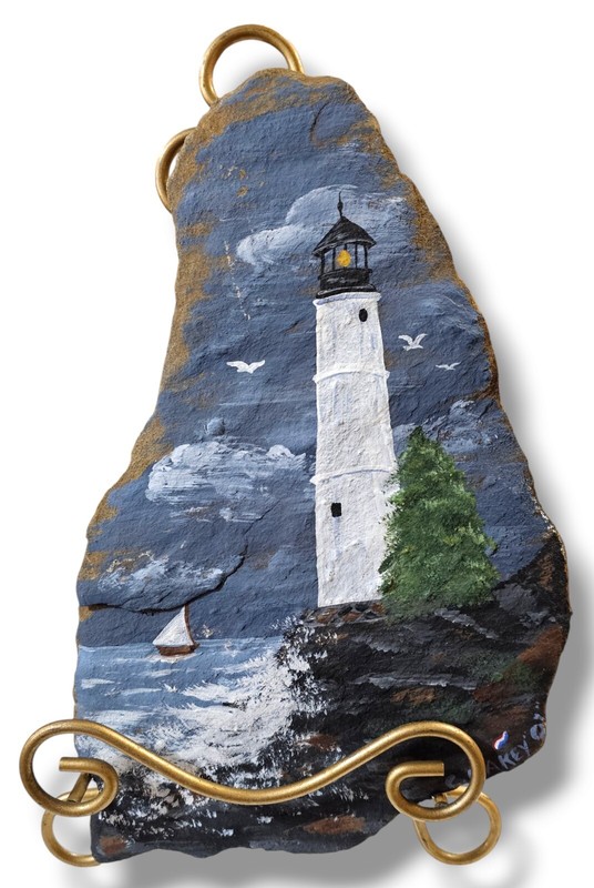 Lighthouse Original Painting On Stone Folk Art Signed Tabletop Display Rock