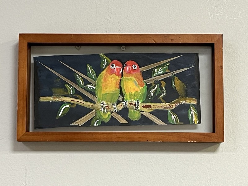 ORIGINAL Colorful LOVE BIRDS Parrots SIGNED R. Eckert FRAMED Black/Green/Yellow