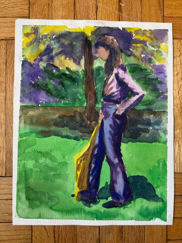 Vintage 1970s Watercolor Painting Woman in Park 10 x 13 Unsigned OOAK