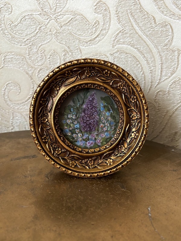 Original Miniature Acrylic Painting «Lilac» OOAK Floral Art Vintage Frame