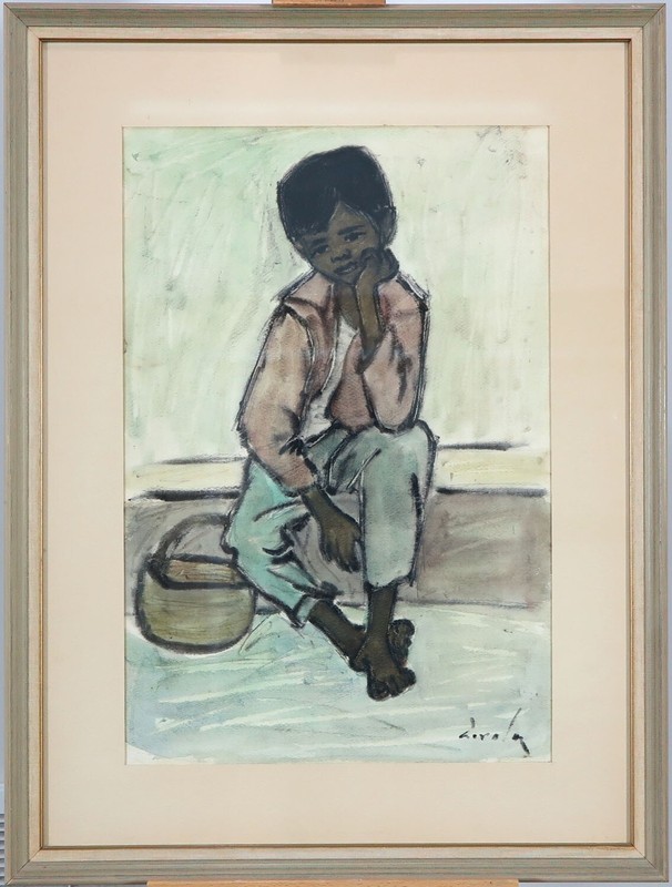 Paavo Airola (1918-1983)RCA Finish-Canadian Watercolor Gouache Child Boy Thinker