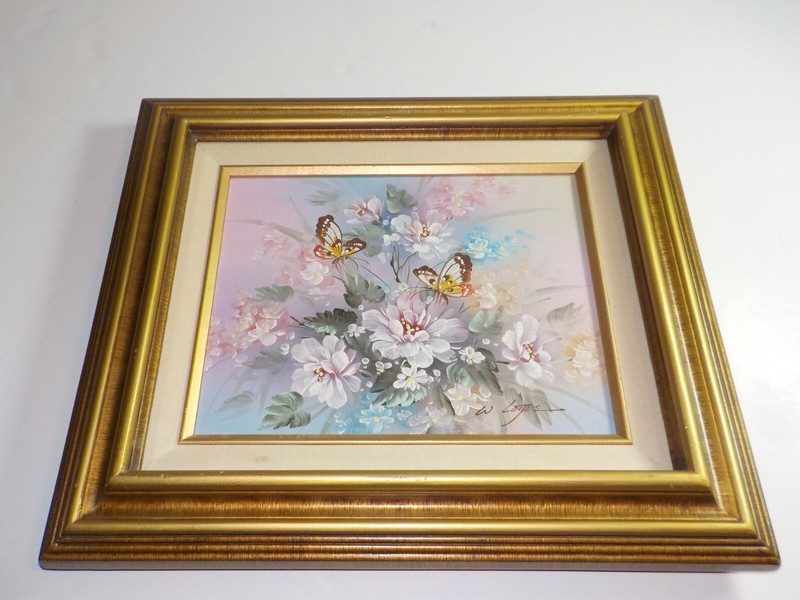 MCM Painting Flowers &Butterflies Still Life Framed Original Wall Art Signed