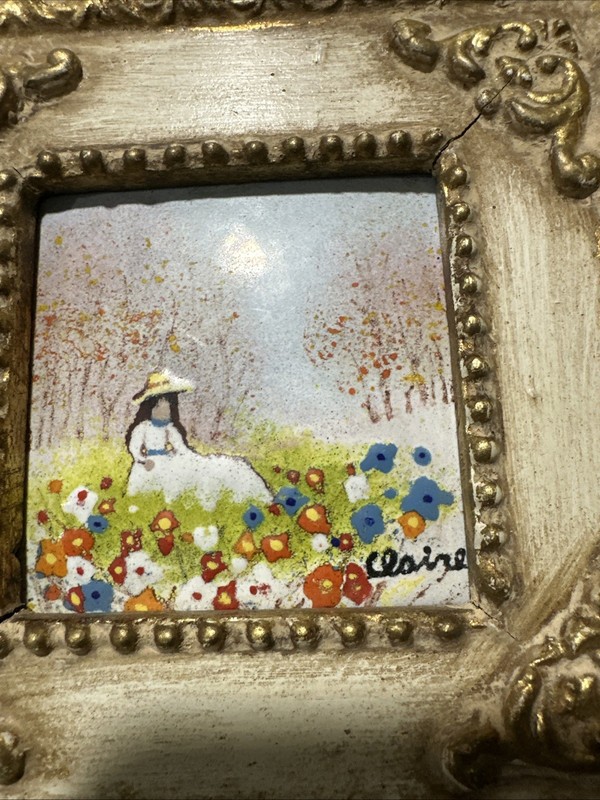 VTG Enamel On Copper Garden Scene Signed Claire Ornate Frame JMG 1974 ART gallery