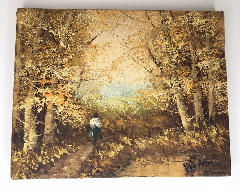Signed Oil On Canvas Painting Person In Woods 10 3/16”x8”