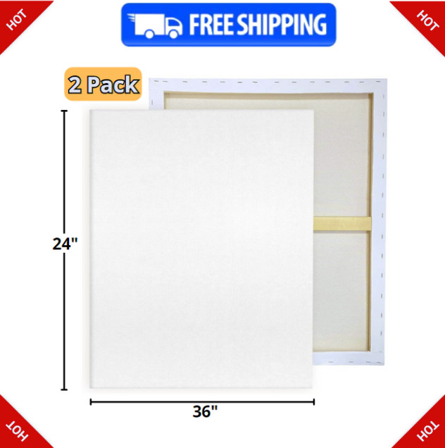 2 Pack Large White Stretched 24x36 Canvas for Painting Art Supplies