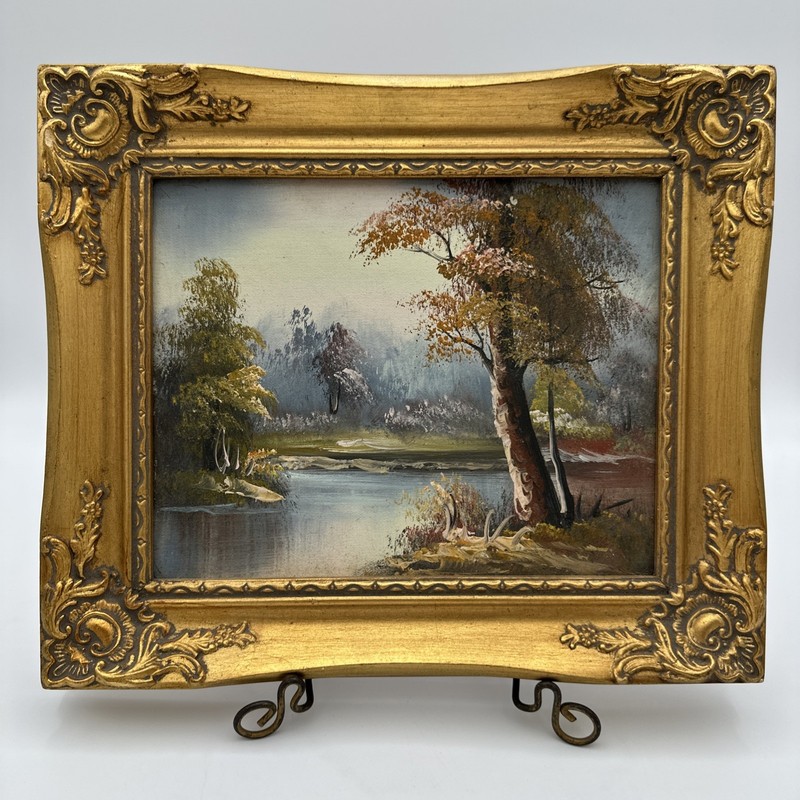 Vintage Landscape River Scene Oil Painting Ornate Gold Frame 11”x 13” Unsigned
