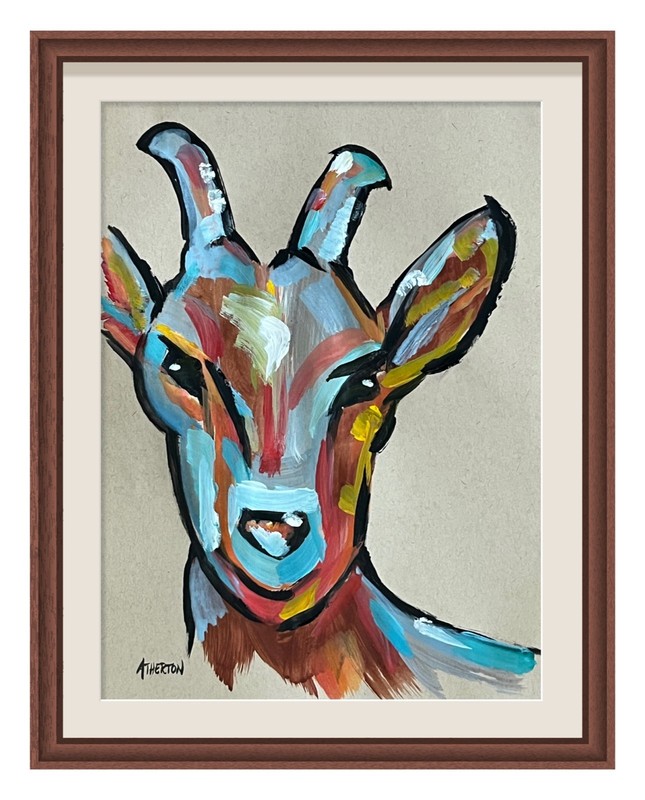 Atherton 9×12 Original Abstract animal Acrylic Painting «BARNYARD GOAT» signed