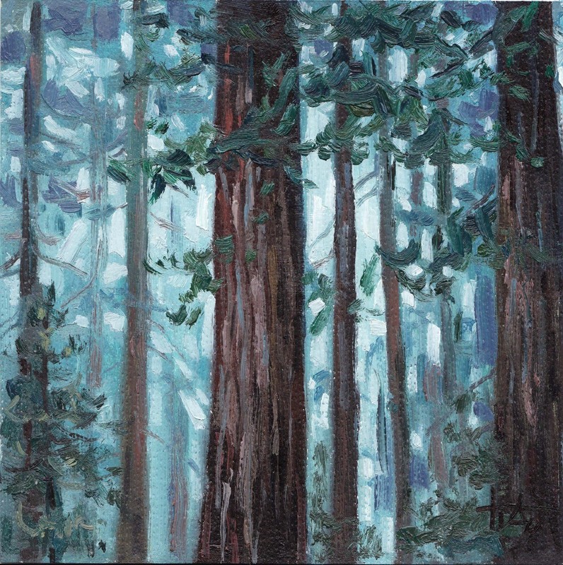 Original painting Forest Landscape in Cool Tones 8×8 inches