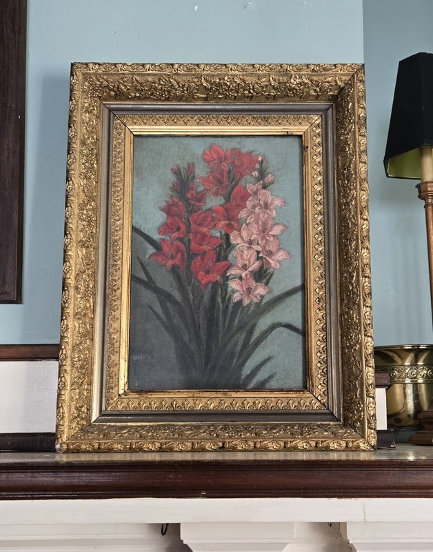 Antique Ornately Gilded Frame Still Life Oil Painting Flowers Gladiolas