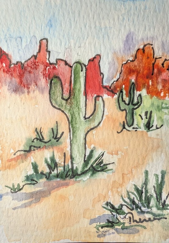 Red Rocks with Cactus – Small Original ACEO or ATC Unmatted watercolor painting