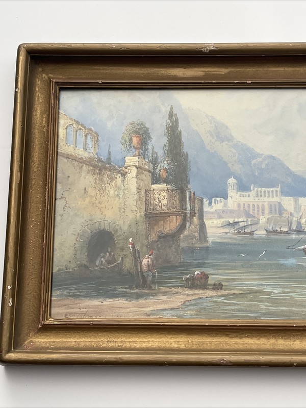 MASTERFUL ANTIQUE PAINTING COAST NAUTICAL BEACH ITALY ARCHITECTURE 19TH CENTURY gallery