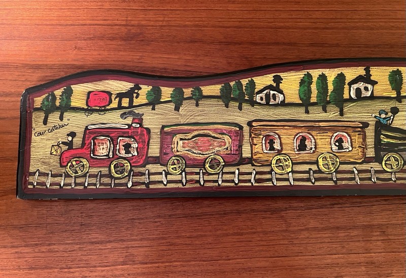 Bonnie Grilli Signed Folk Art Original Painting on Wood “Cow Catcher” Train RR gallery