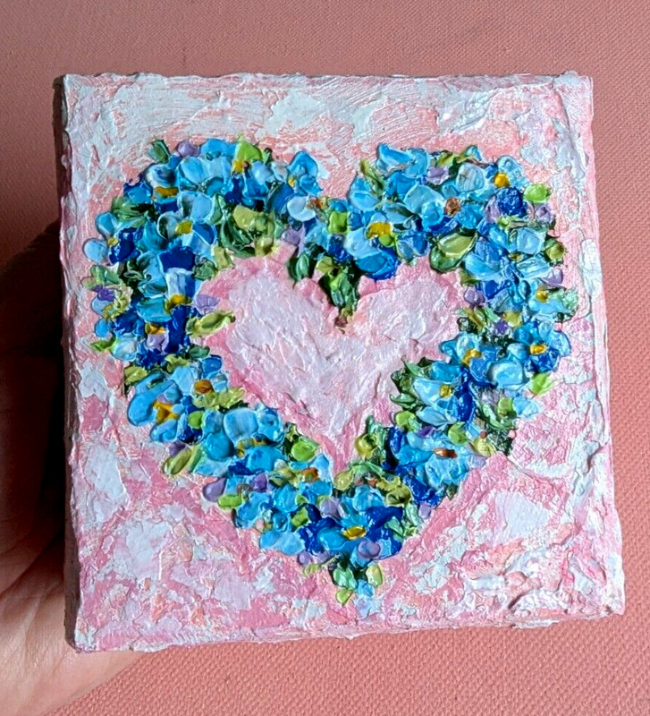 Forget-me-not ORIGINAL OIL impasto HEART Painting 4″X4″ X 1.5″ by Olga Diduh.