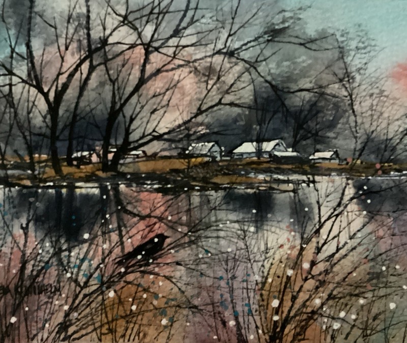 5”x7” Original Watercolor & Ink For River Island Farm Snowfall Pamela Wilhelm
