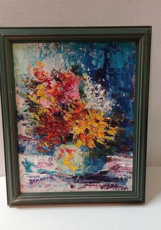 "Flowers in Vase" Original Mollie Bergman painting on Canvas 10 1/4 x 8 1/4 gallery