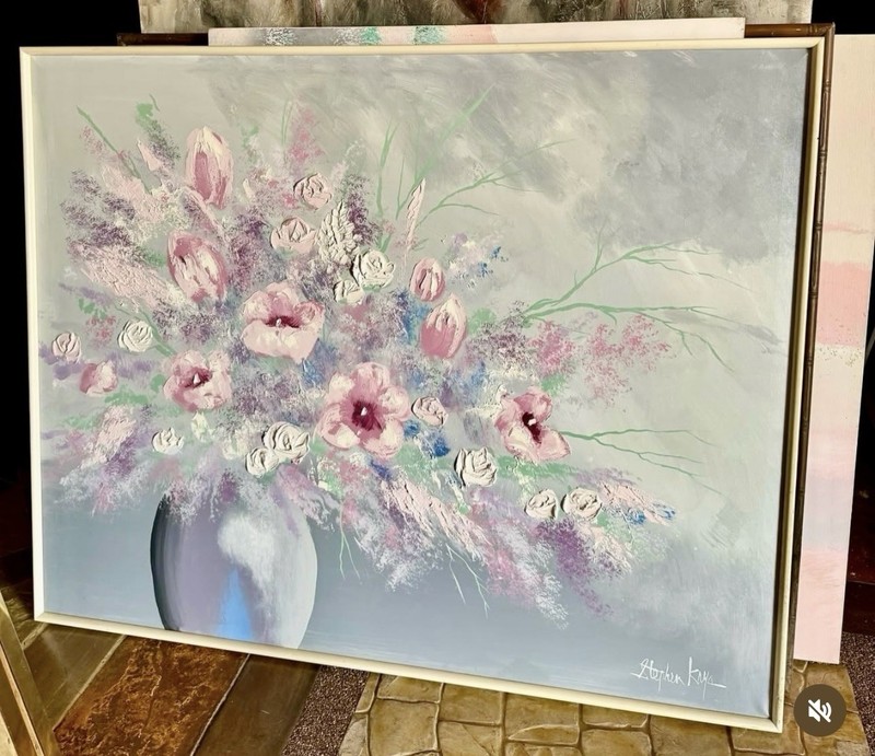 1980s XL STEPHEN KAYE PASTEL FLORAL STILLLIFE PAINTING VINTAGE ORIGINAL ART