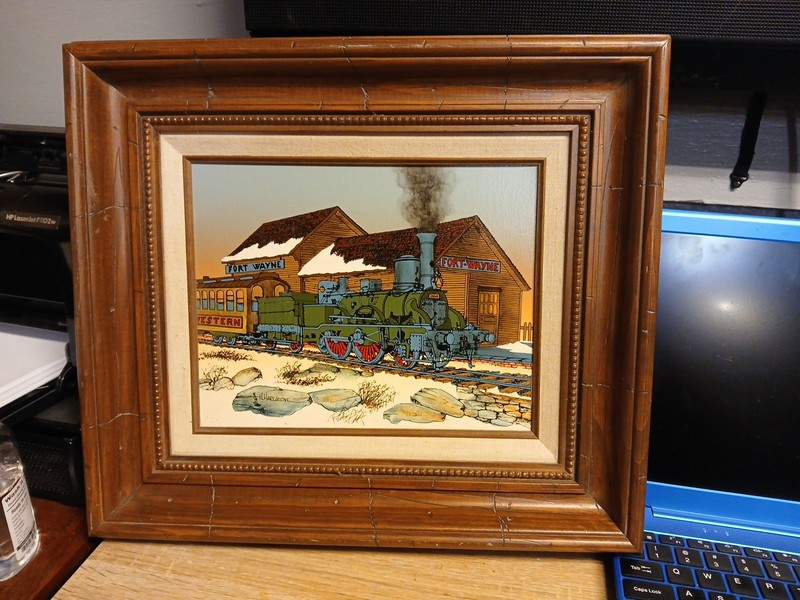 H HARGROVE Oil On Canvas Painting Fort Wayne IN Train Station Locomotive 10×8