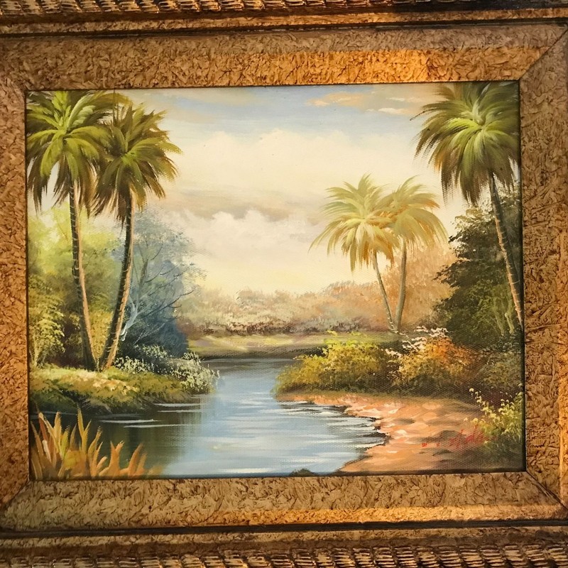 Acrylic Painting Palm Tree & River By J J Adams Bronze Wood Frame 17×15