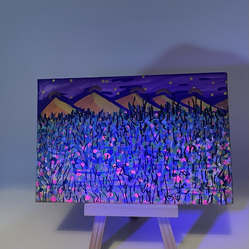 Original "Purple Sky" Abstract UV Reactive Landscape, 4x6 Unframed Fine-Art
