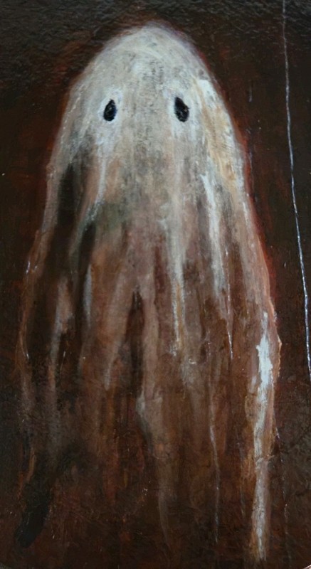 Hand Painted Ghost Round Wood Plaque Original Gothic Folk Art Spooky Halloween