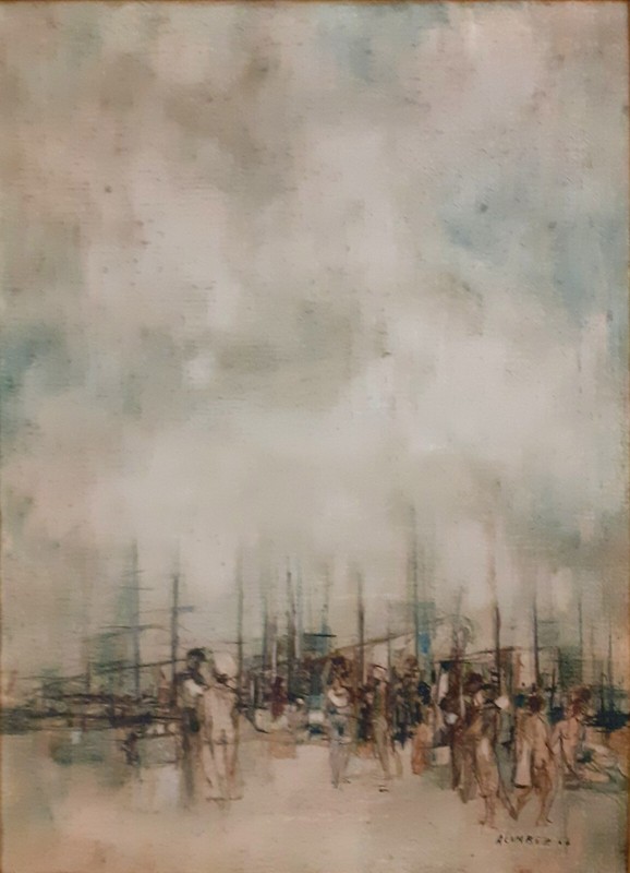 Painting by LUIS ALVAREZ – Oil on panel dated 66 – «The docks» – v1723.