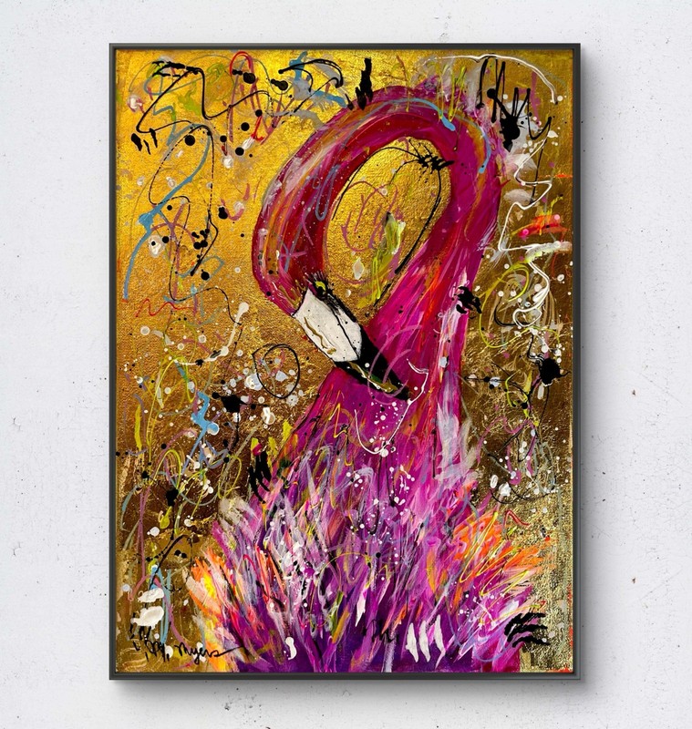 Mary Myers Original Abstract Flamingo Painting Gold Leaf Pink Modern Art 12×16