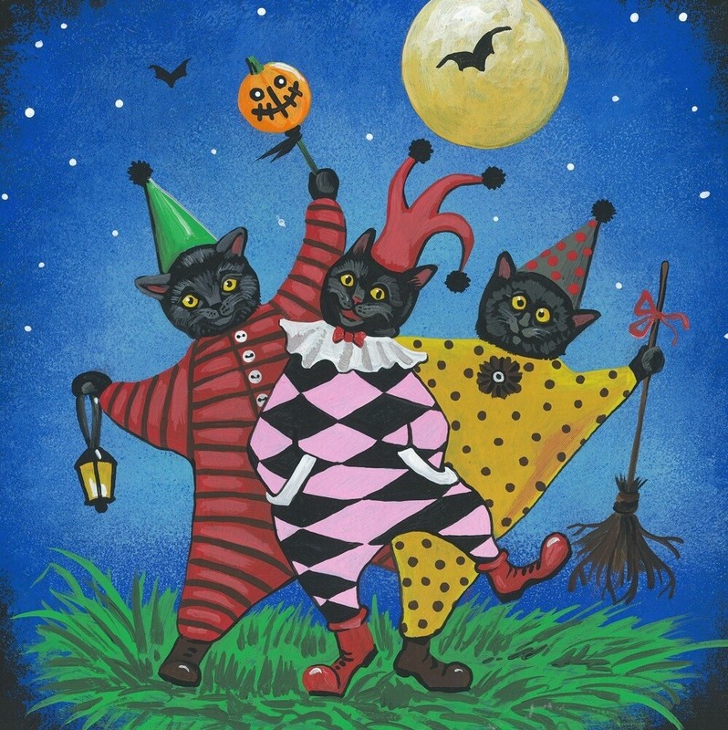 10×10 PRINT OF PAINTING HALLOWEEN RYTA BLACK CAT JOKER JESTER CLOWN FOLK ART