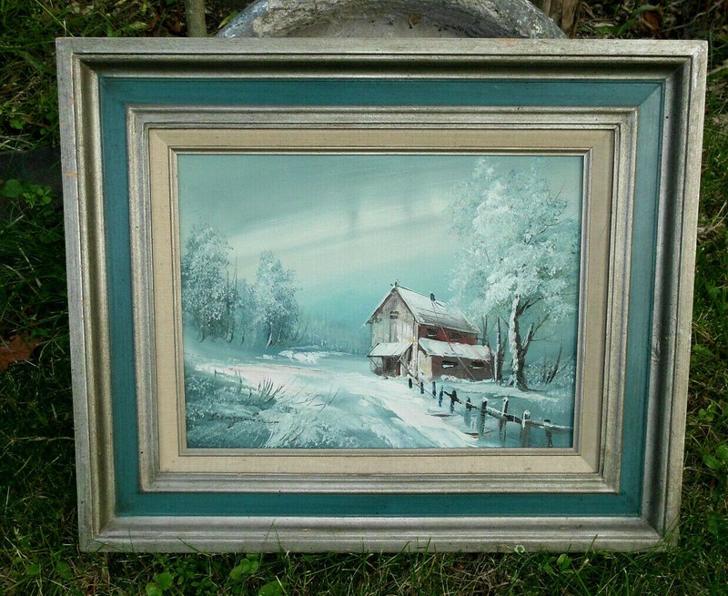 Snowy Barn Fence Large Original Canvas Painting Benjamin Framed Vtg Landscap Art