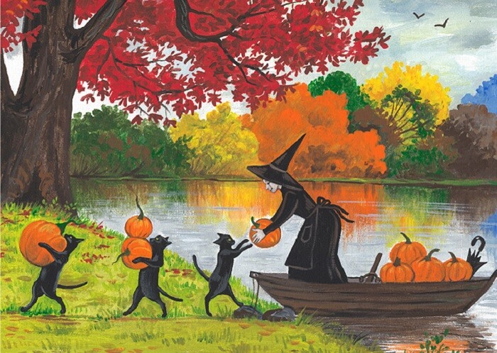 5×7 PRINT OF PAINTING RYTA WITCH BLACK CAT HALLOWEEN LANDSCAPE PUMPKIN folk art