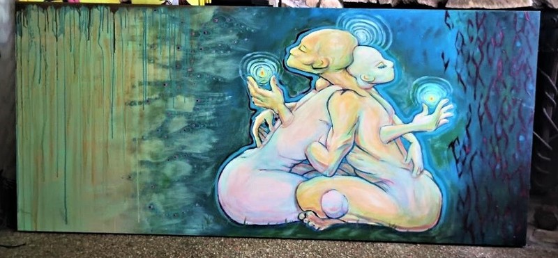 Rick Piper Cocoa Beach artist Painting Acrylic on wooden door panel 80x36x1 3/8
