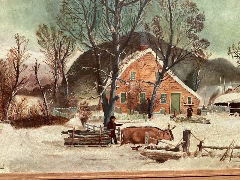 Large Folk Art Oil/Masonite Winter scene In The Manner Of Currier & Ives gallery
