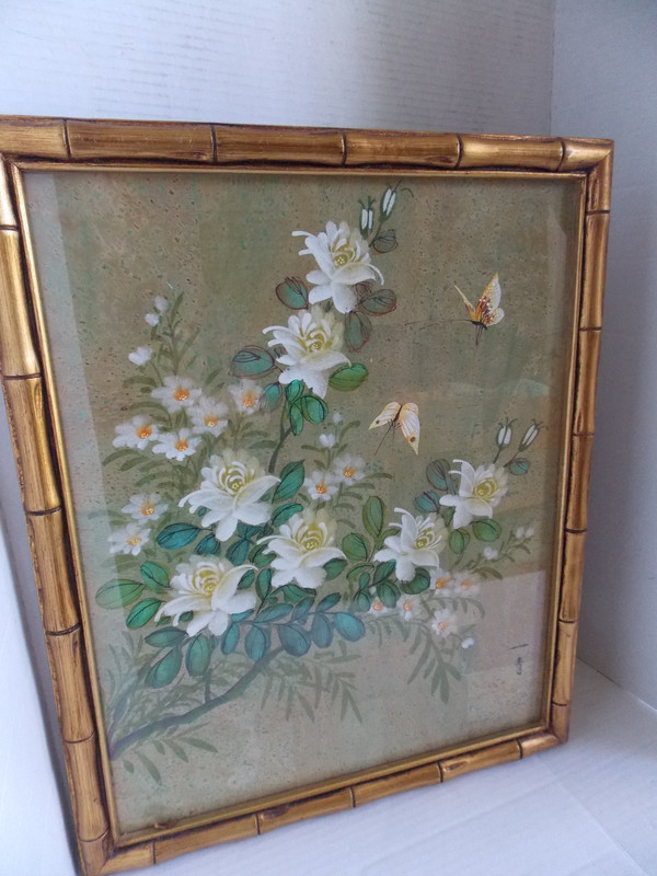 Vintage Cinoiserie Floral Faux Original Painting in Bamboo Wood framed 22"x18" gallery